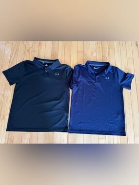 Lot of 2 Under Armour Performance Golf Polos. Youth Large Black and Navy.